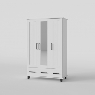 Skandinavská skříň dřevěná SVEG, bílá / šedá, třídveřová, zrcadlo, 2 zásuvky - 1